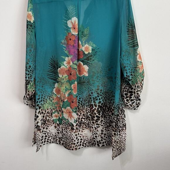 Soft Surroundings Animal Tropical Print Chiffon Blouse XL Semi Sheer‎ Roll Tab - Picture 10 of 12